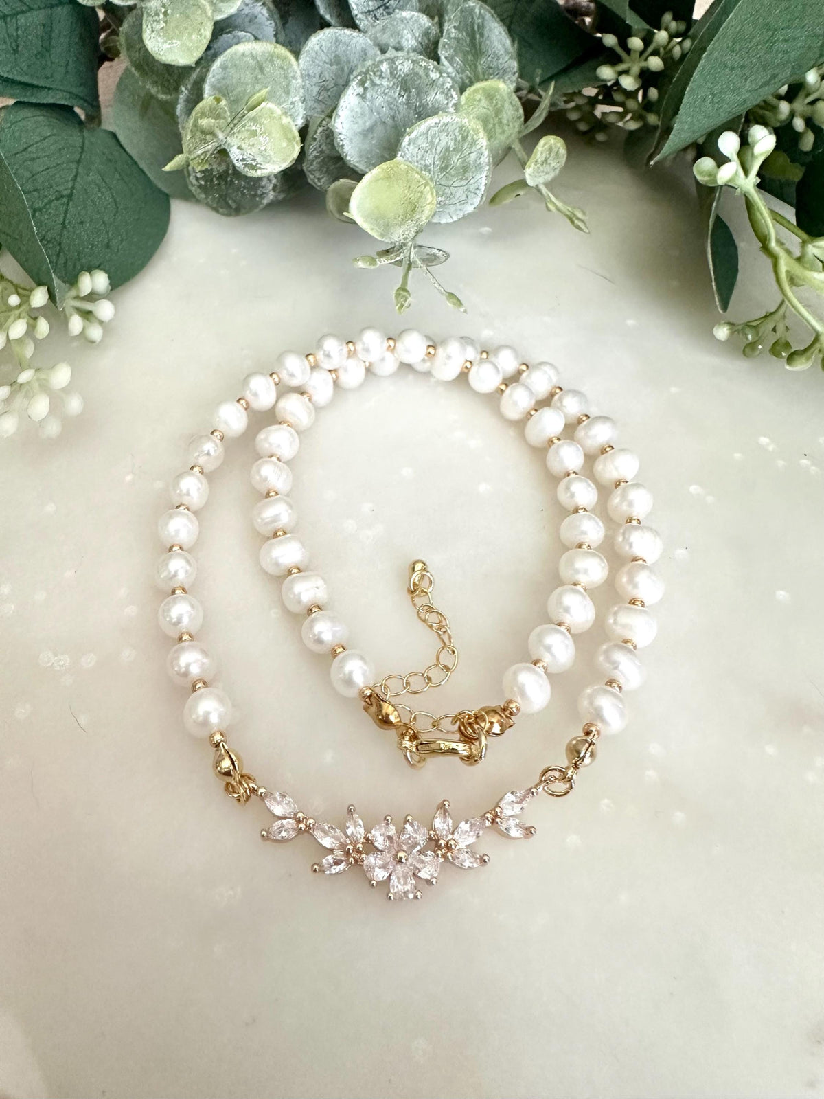 Freshwater Pearl Beaded Necklace With Cz Flower Conector -Gift-Wedding-Bridesmaid
