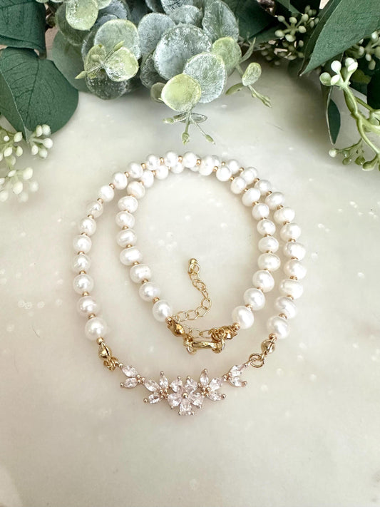 Freshwater Pearl Beaded Necklace With Cz Flower Conector -Gift-Wedding-Bridesmaid