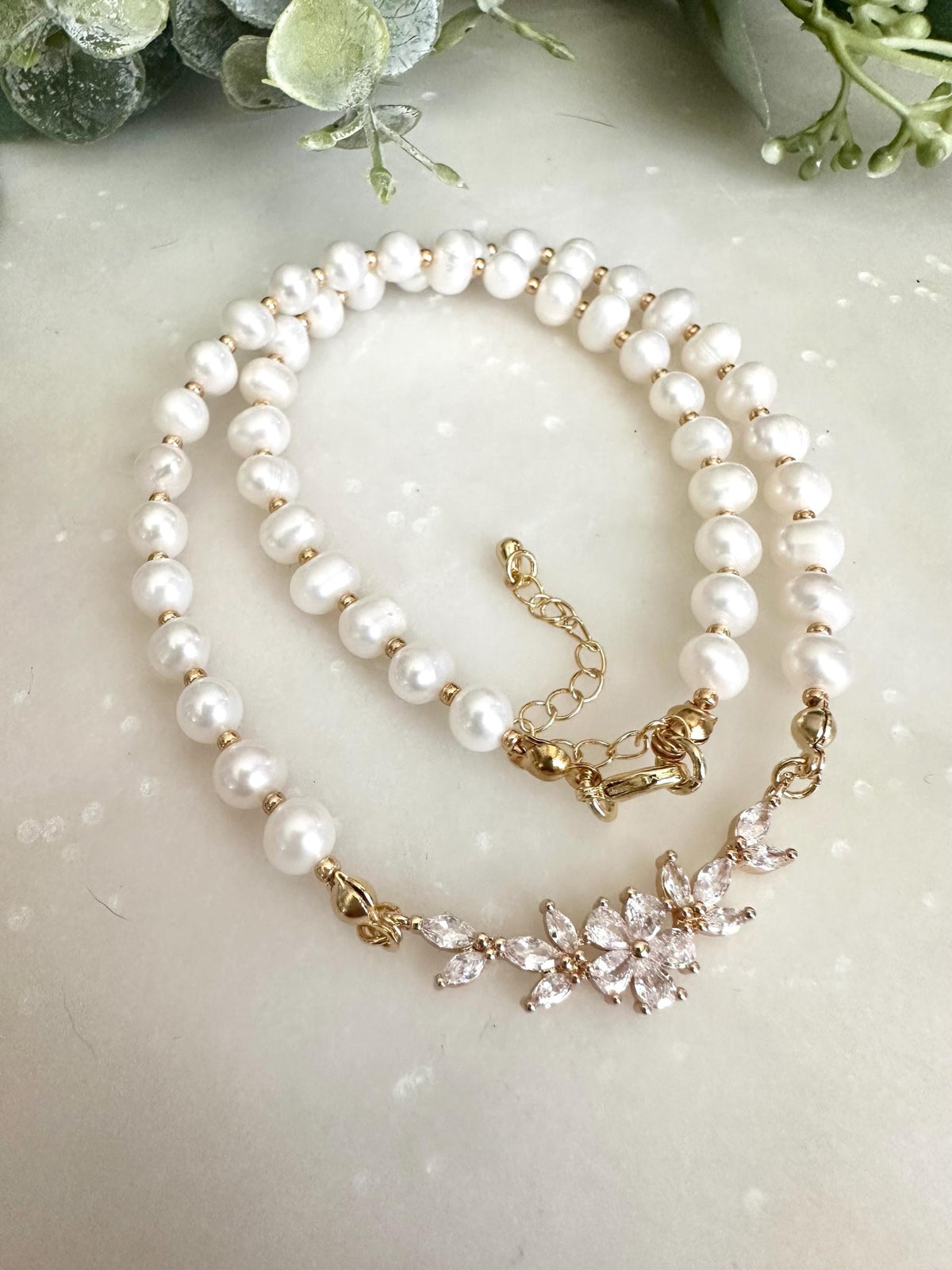 Freshwater Pearl Beaded Necklace With Cz Flower Conector -Gift-Wedding-Bridesmaid