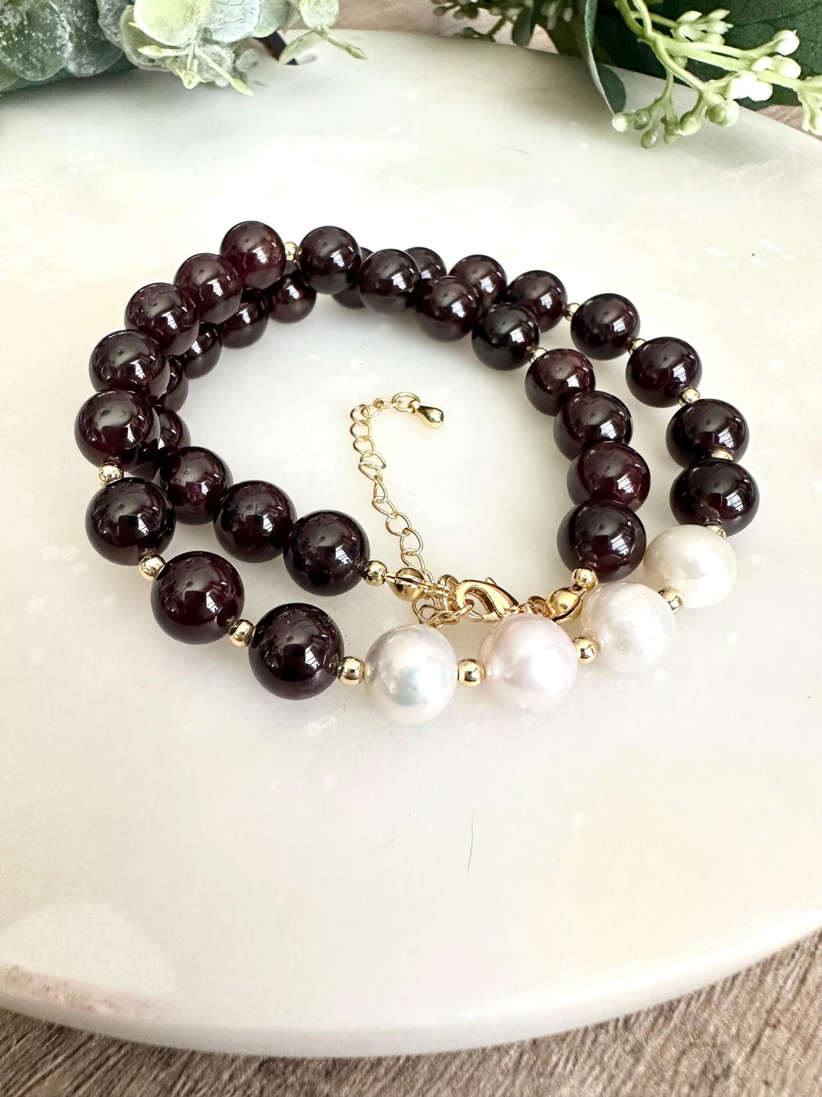 Garnet with Freshwater Pearl Beaded Necklace -Gift-Wedding-Bridesmaid