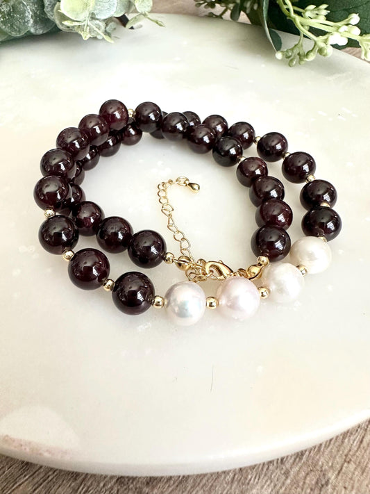 Garnet with Freshwater Pearl Beaded Necklace -Gift-Wedding-Bridesmaid