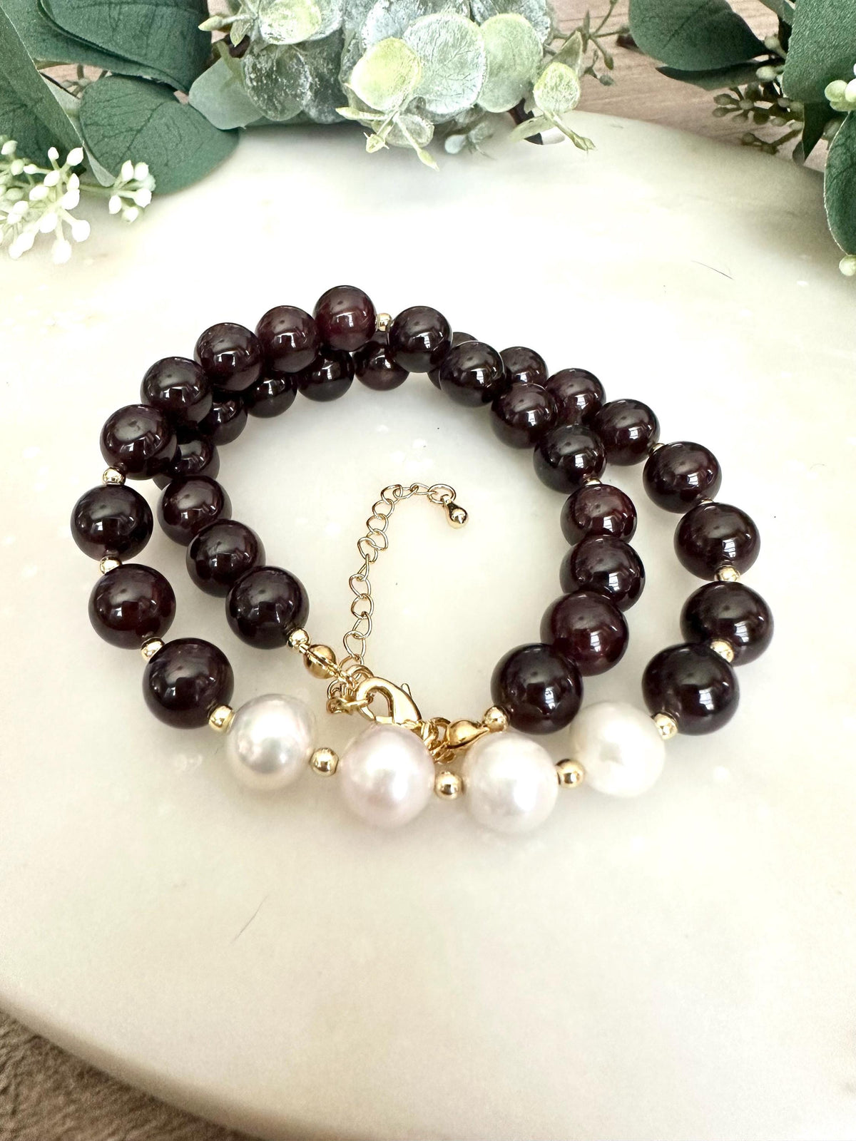 Garnet with Freshwater Pearl Beaded Necklace -Gift-Wedding-Bridesmaid