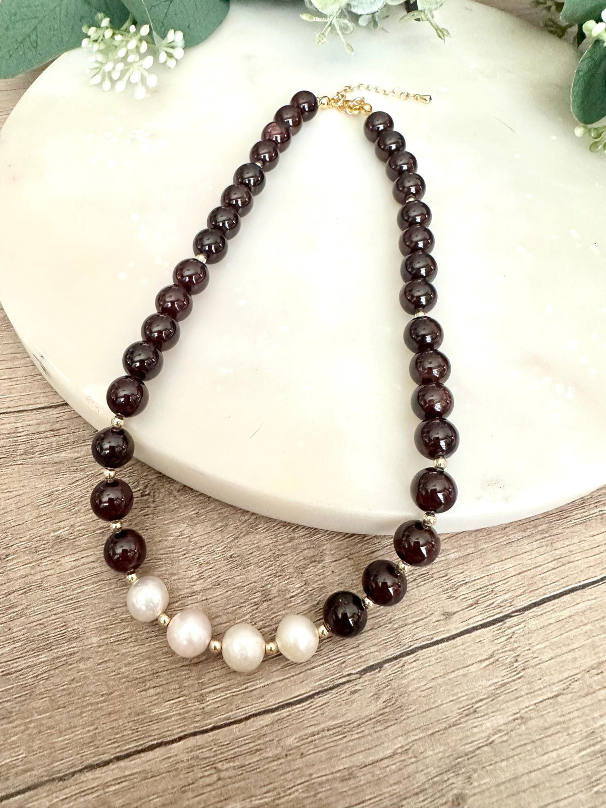 Garnet with Freshwater Pearl Beaded Necklace -Gift-Wedding-Bridesmaid