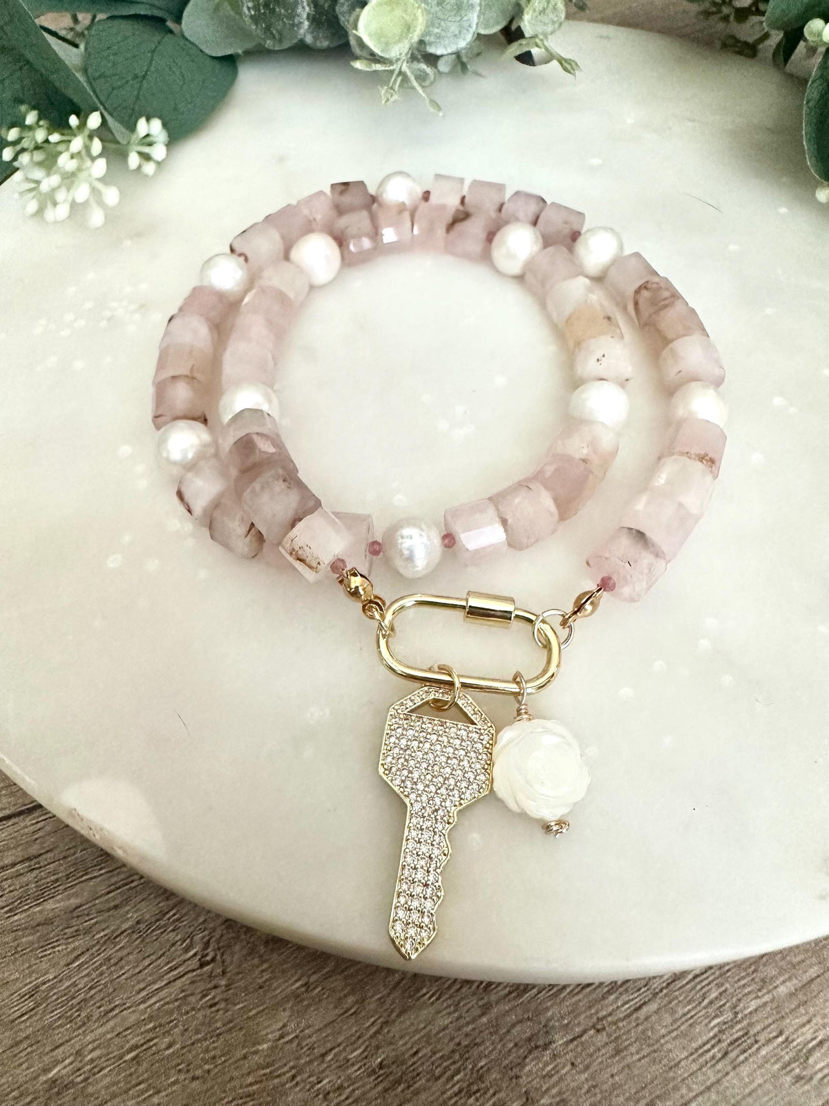 Madagascar Rose Quartz Beaded Necklace CZ Key  Pendant Chunky Necklaces -Gift-Wedding-Bridesmaid