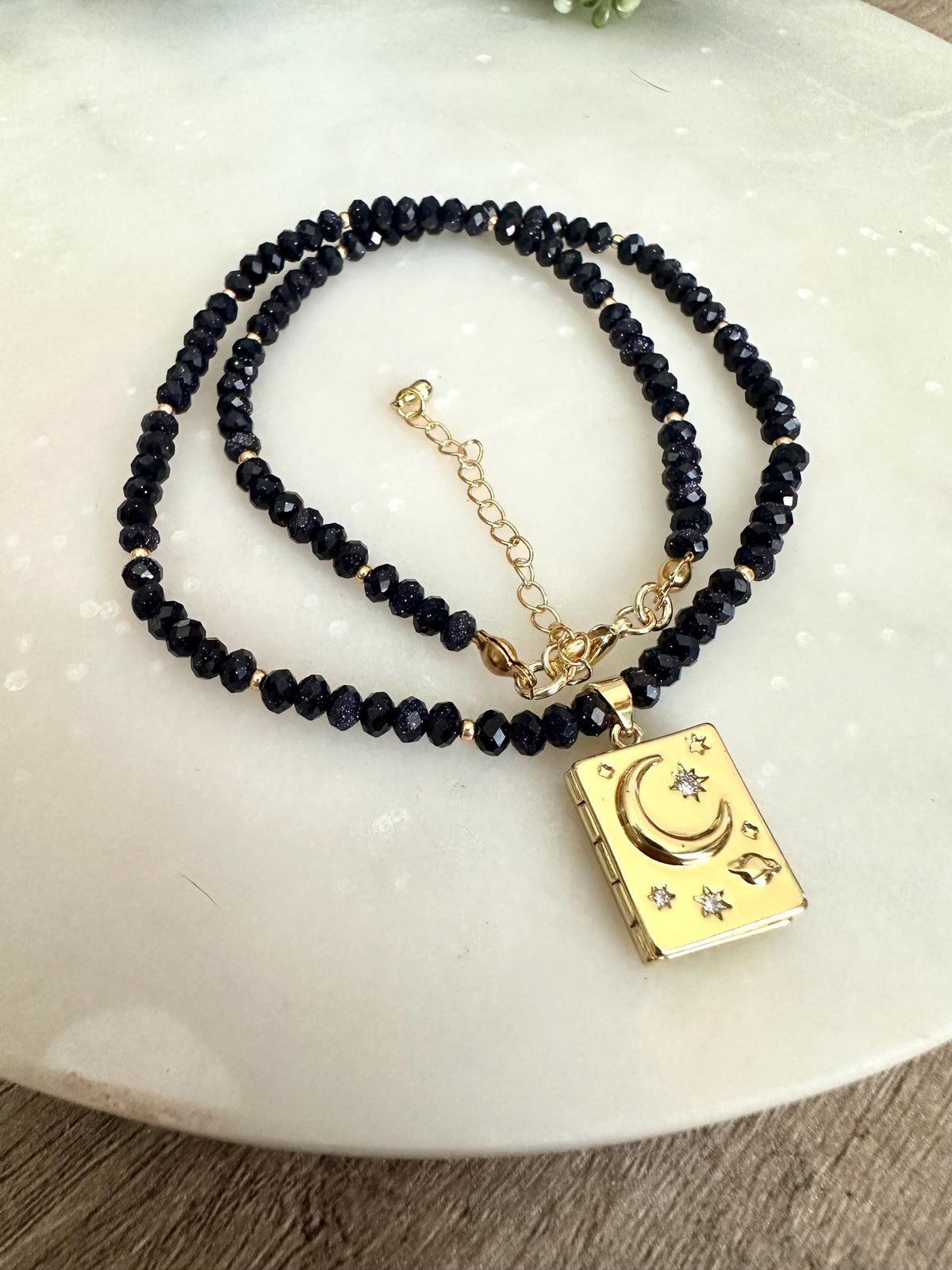 Book Locket With Blue Sandstone Beaded Necklace -Gift-Wedding-Bridesmaid