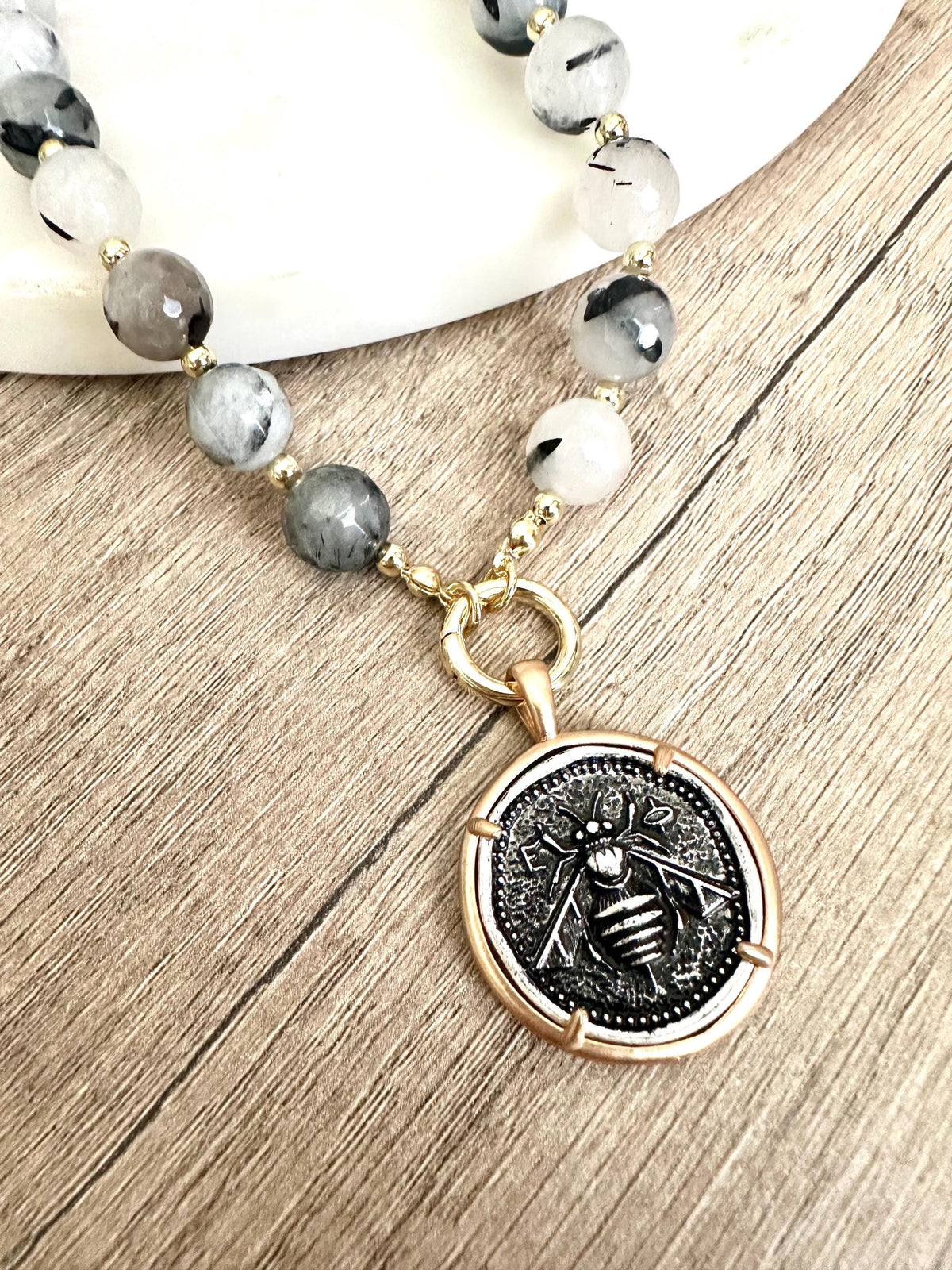 Black Rutilated Quartz Beaded Necklace Coin Bee Pendant Chunky Necklaces -Gift-Wedding-Bridesmaid