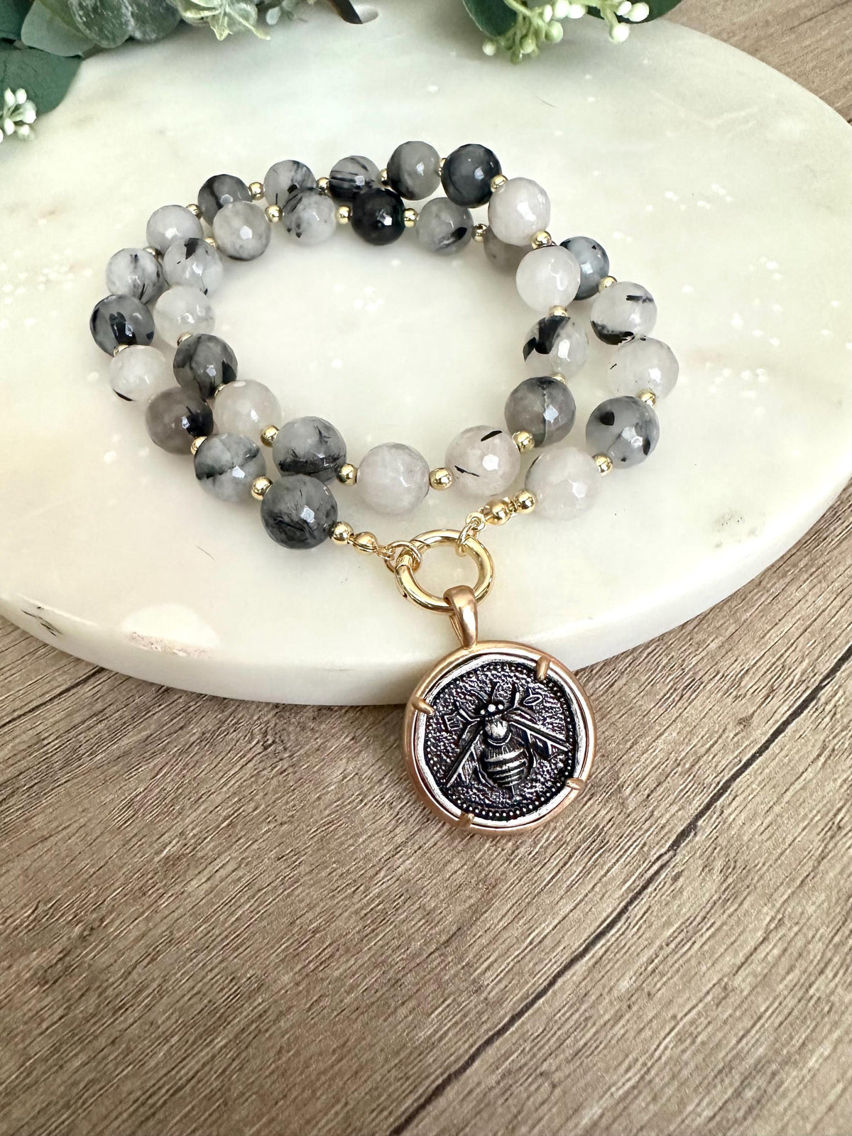 Black Rutilated Quartz Beaded Necklace Coin Bee Pendant Chunky Necklaces -Gift-Wedding-Bridesmaid