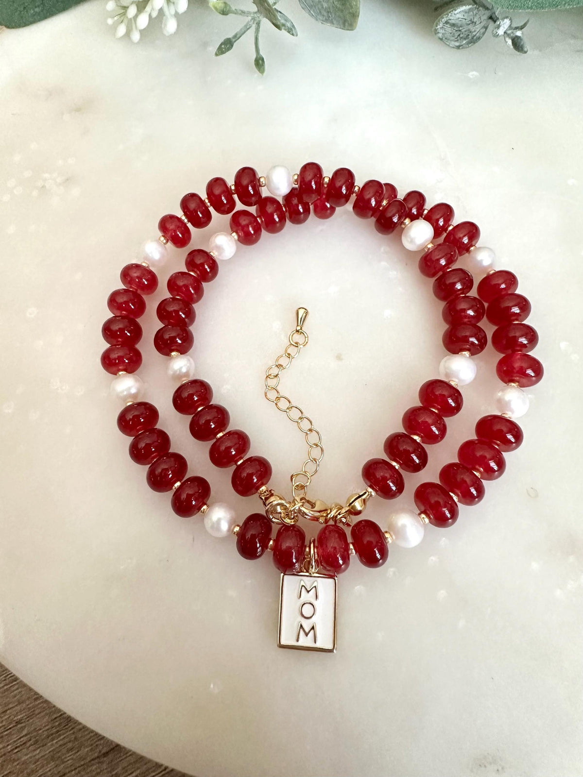 Ruby Red Jade and Freshwater Peals Beaded Necklace with Mom Pendant -Gift-Wedding-Bridesmaid