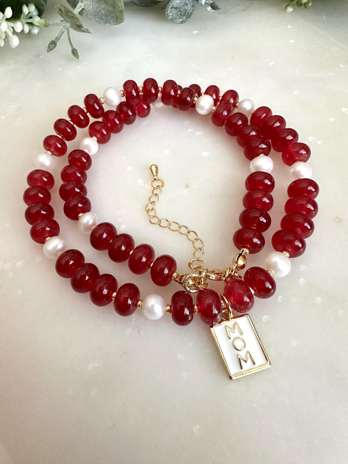 Ruby Red Jade and Freshwater Peals Beaded Necklace with Mom Pendant -Gift-Wedding-Bridesmaid
