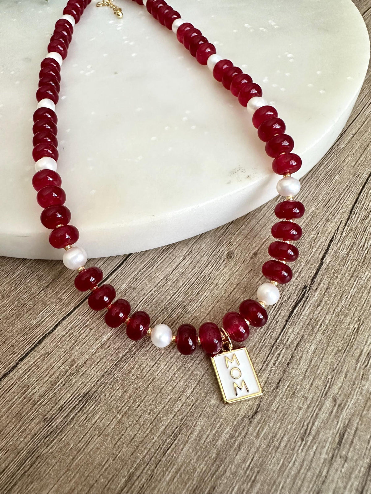Ruby Red Jade and Freshwater Peals Beaded Necklace with Mom Pendant -Gift-Wedding-Bridesmaid