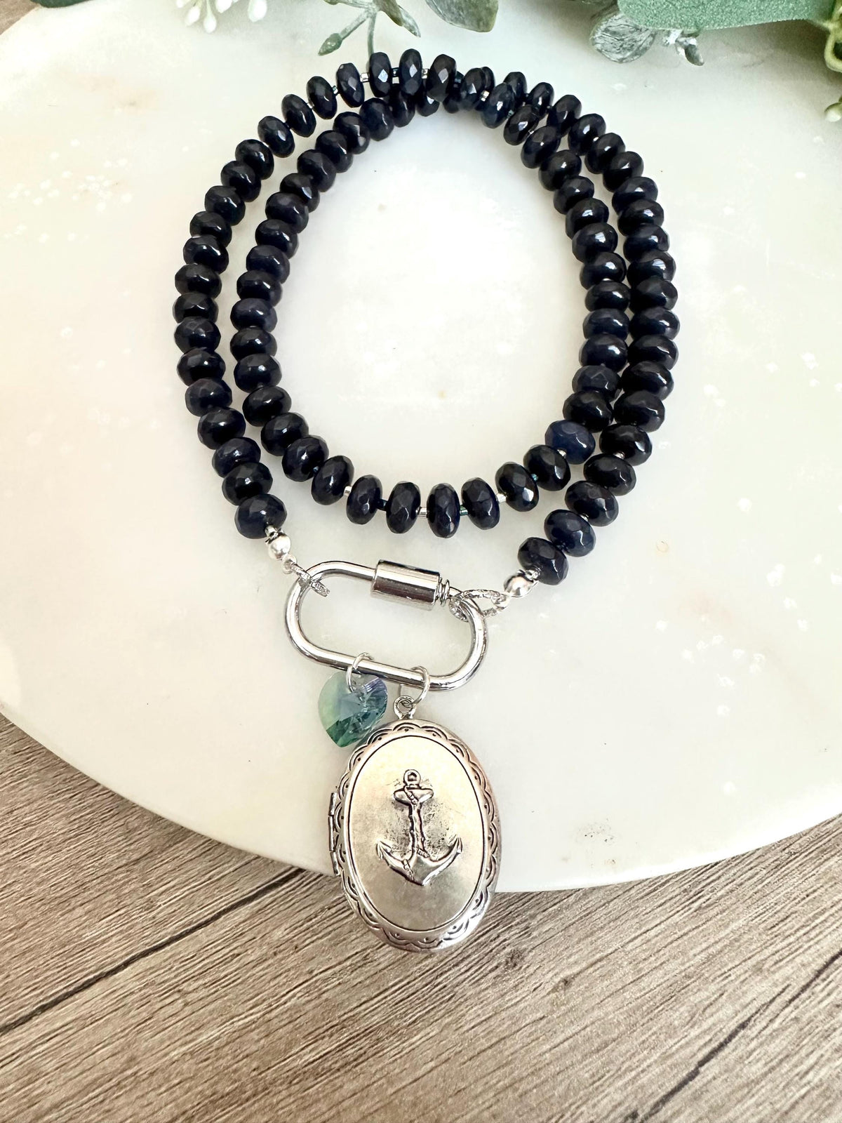 Navy Blue Jade Beaded Necklace Anchor Locket Pendant and a Crystal Heart- Gift for her-You are my Anchor Necklace