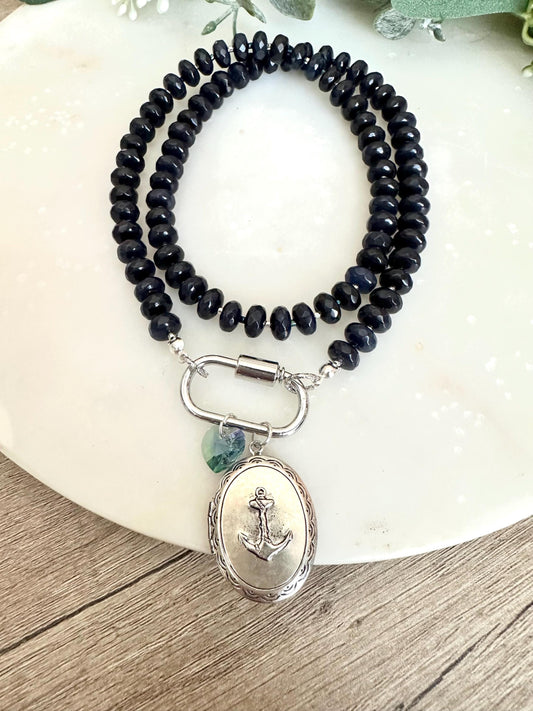 Navy Blue Jade Beaded Necklace Anchor Locket Pendant and a Crystal Heart- Gift for her-You are my Anchor Necklace