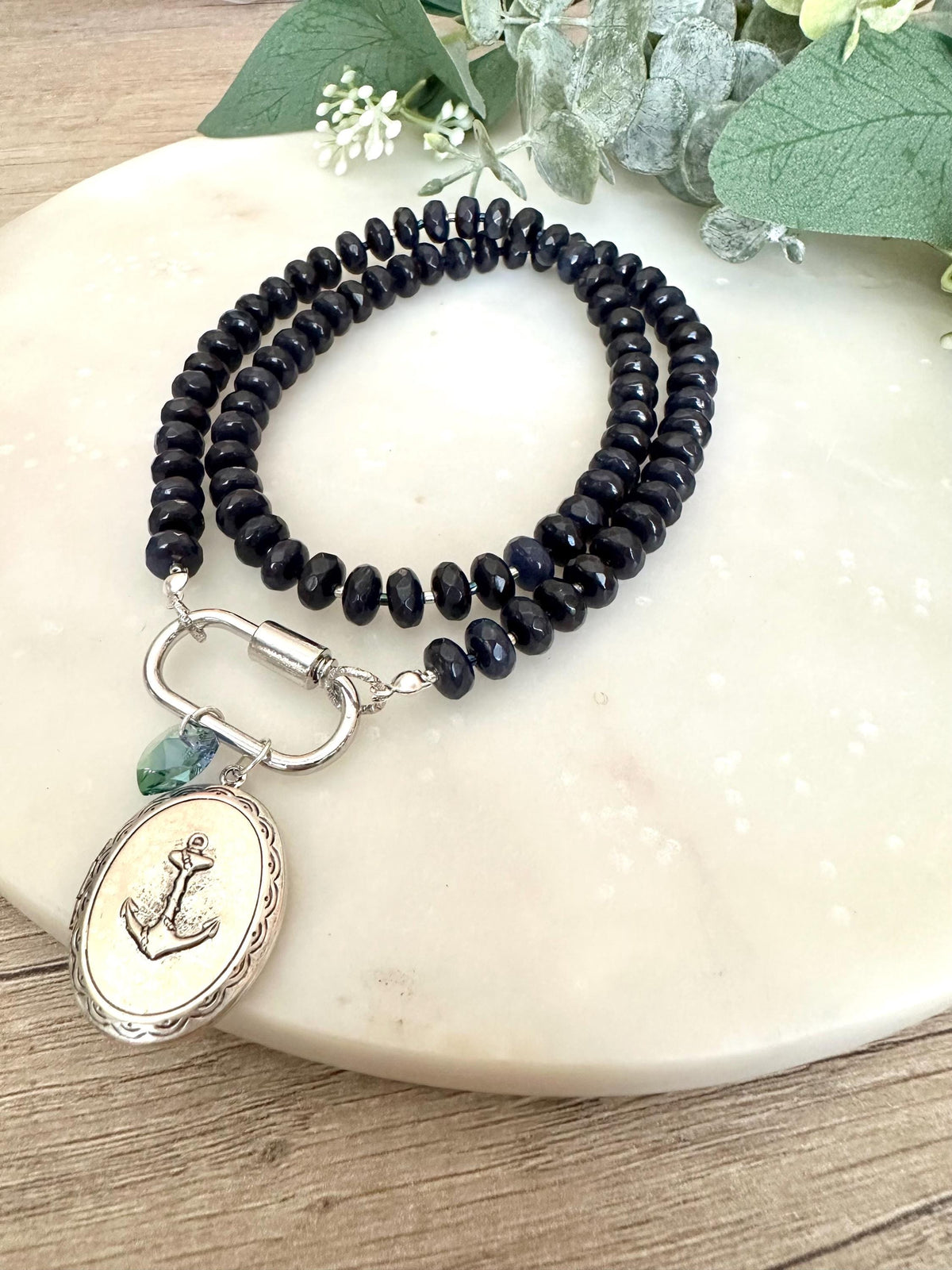 Navy Blue Jade Beaded Necklace Anchor Locket Pendant and a Crystal Heart- Gift for her-You are my Anchor Necklace