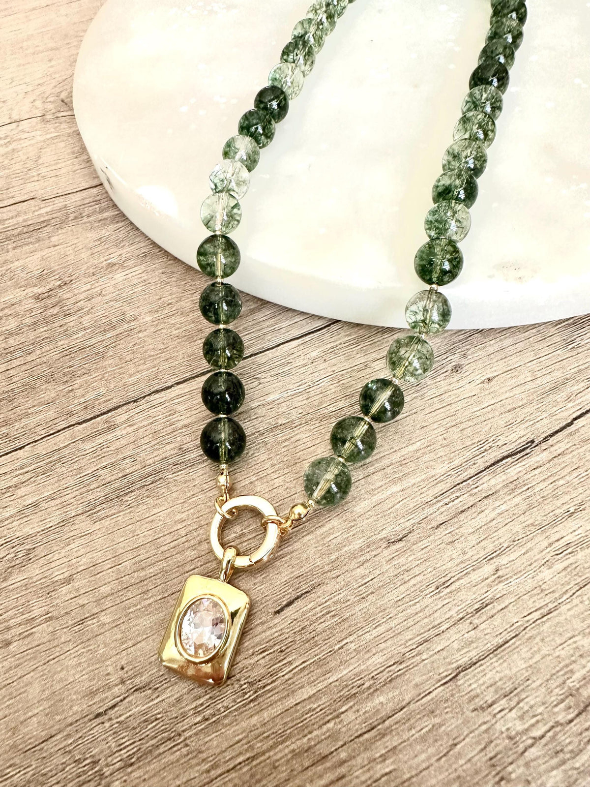 Green Moss Crystal Quartz Beaded Necklace with CZ Pendant- Chunky Necklace