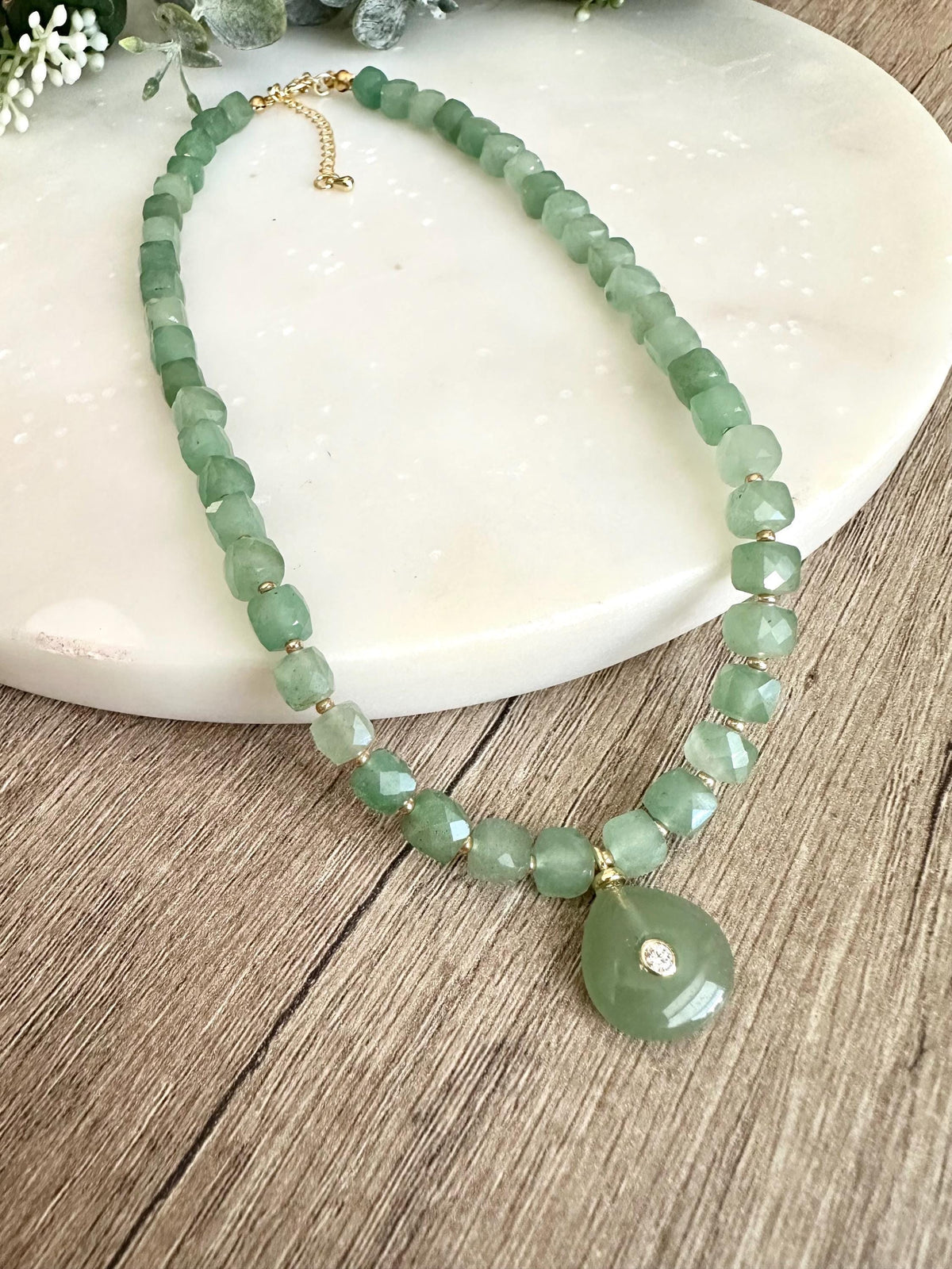 Green Aventurine and  Beaded Necklace with Pendant -Gift-Wedding-Bridesmaid