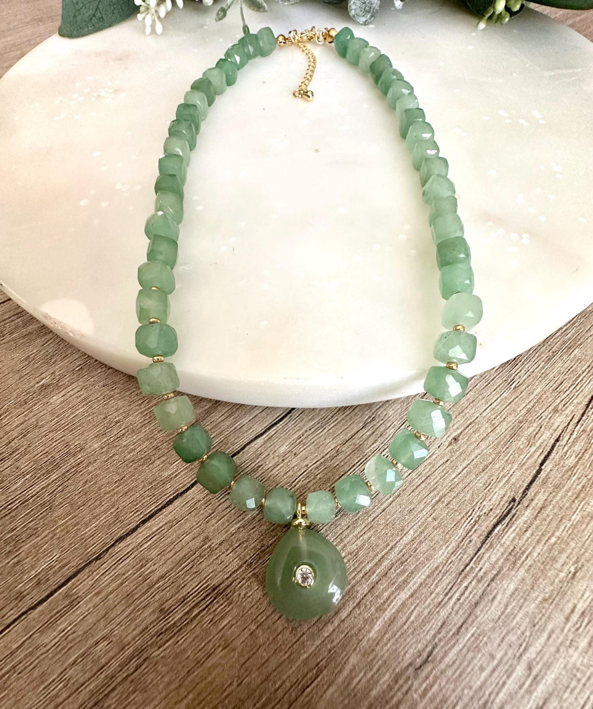 Green Aventurine and  Beaded Necklace with Pendant -Gift-Wedding-Bridesmaid
