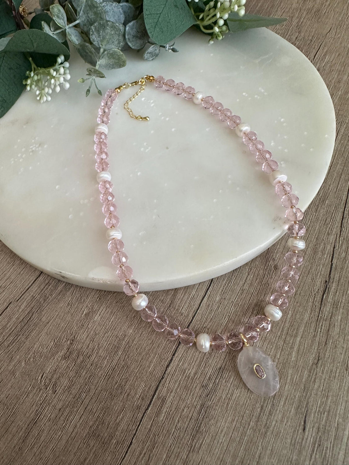 Pink Quartz Beaded Necklace • Rose Quartz Pendant • Gold Filled Jewelry • Dainty Gemstone Necklace • Handmade Gift for Her • Elegant Beaded