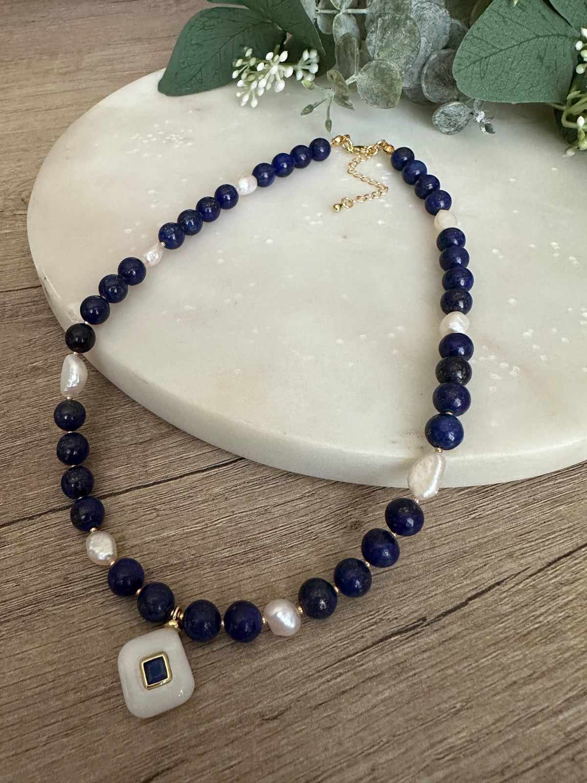 Lapis Lazuli Beaded Necklace • White Quartz Pendant with Blue Crystal • Gold Filled Jewelry • Natural Gemstone Necklace • Handmade Gift for