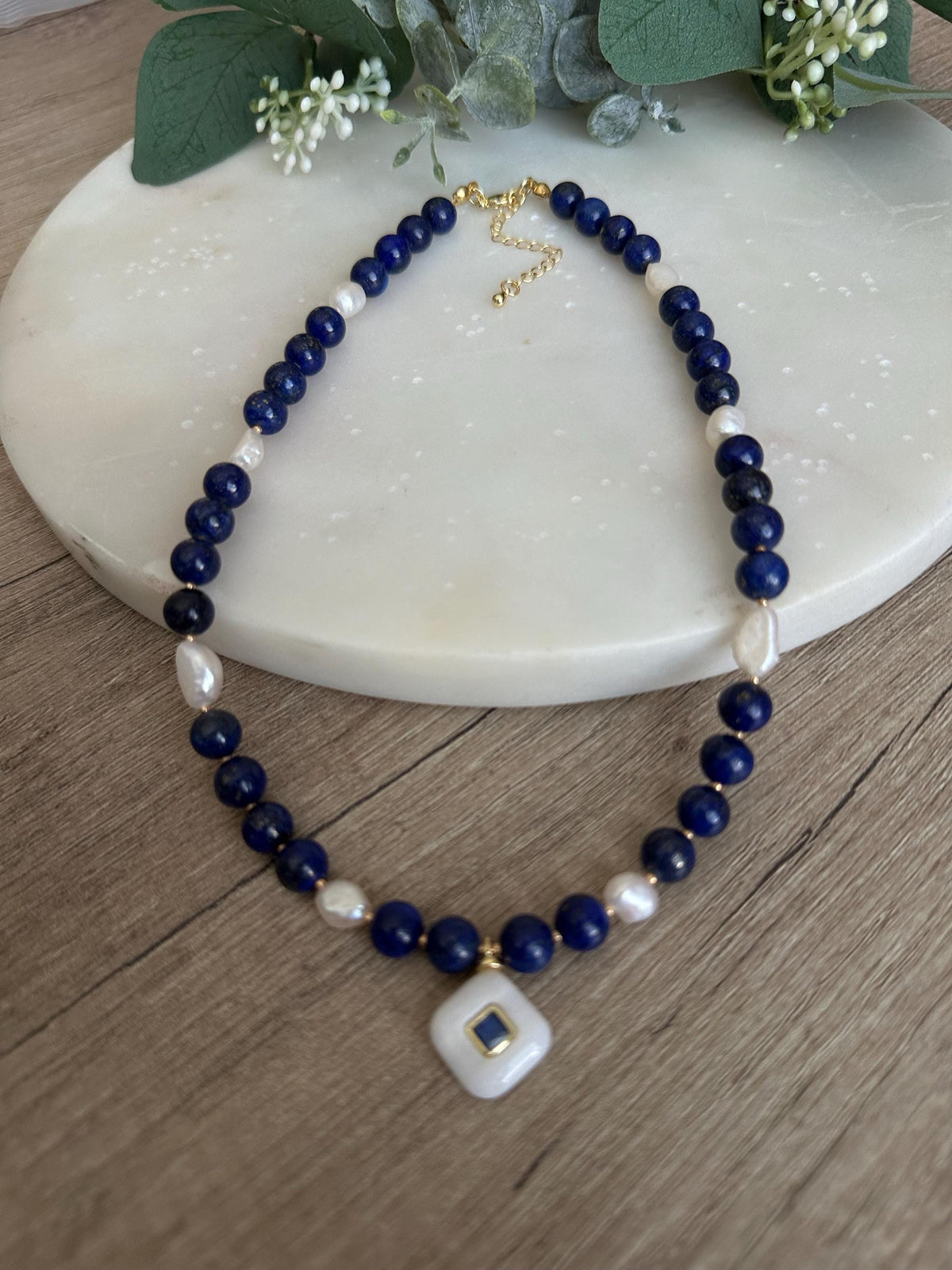 Lapis Lazuli Beaded Necklace • White Quartz Pendant with Blue Crystal • Gold Filled Jewelry • Natural Gemstone Necklace • Handmade Gift for