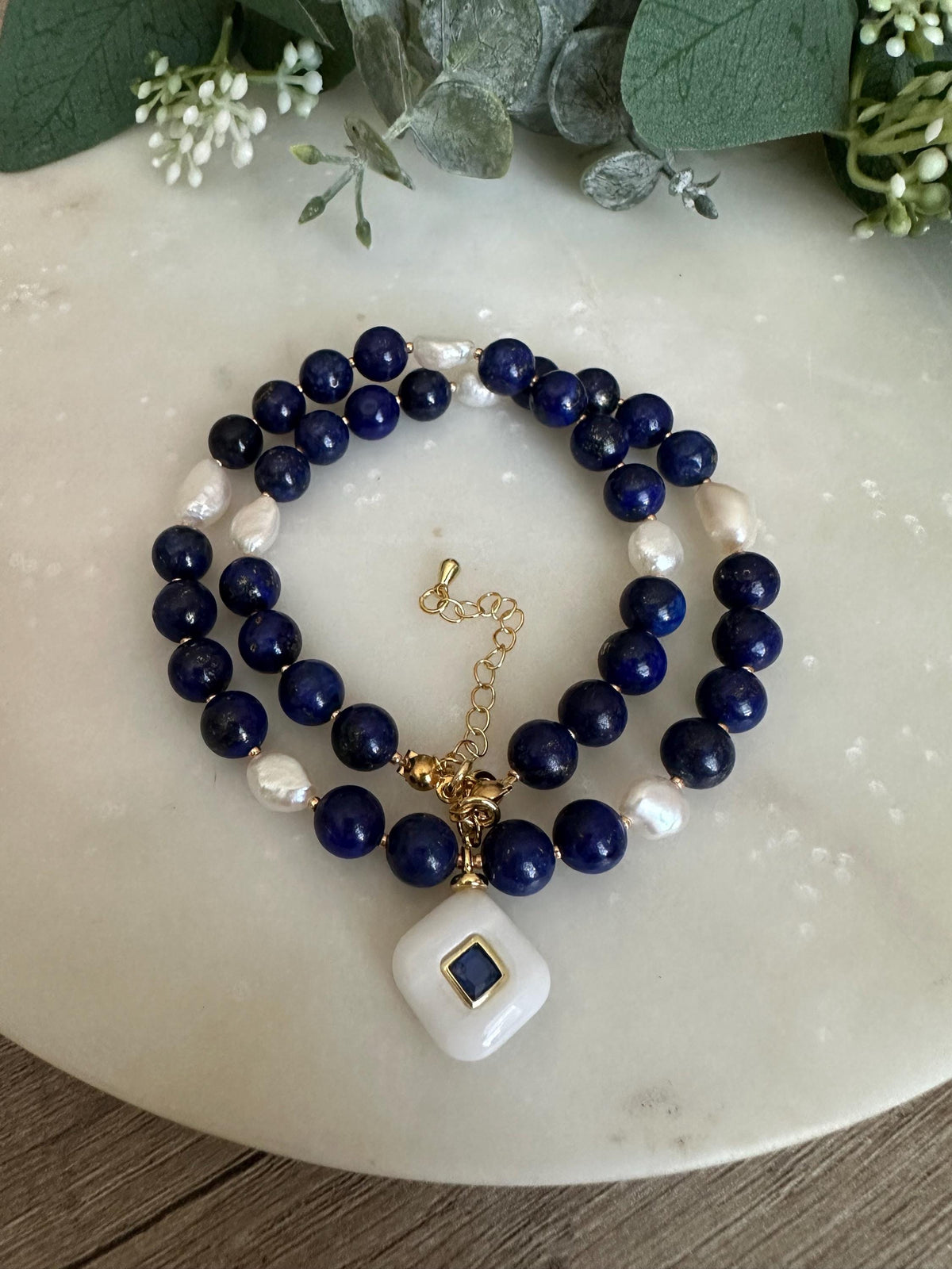 Lapis Lazuli Beaded Necklace • White Quartz Pendant with Blue Crystal • Gold Filled Jewelry • Natural Gemstone Necklace • Handmade Gift for