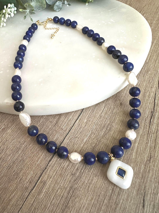 Lapis Lazuli Beaded Necklace • White Quartz Pendant with Blue Crystal • Gold Filled Jewelry • Natural Gemstone Necklace • Handmade Gift for