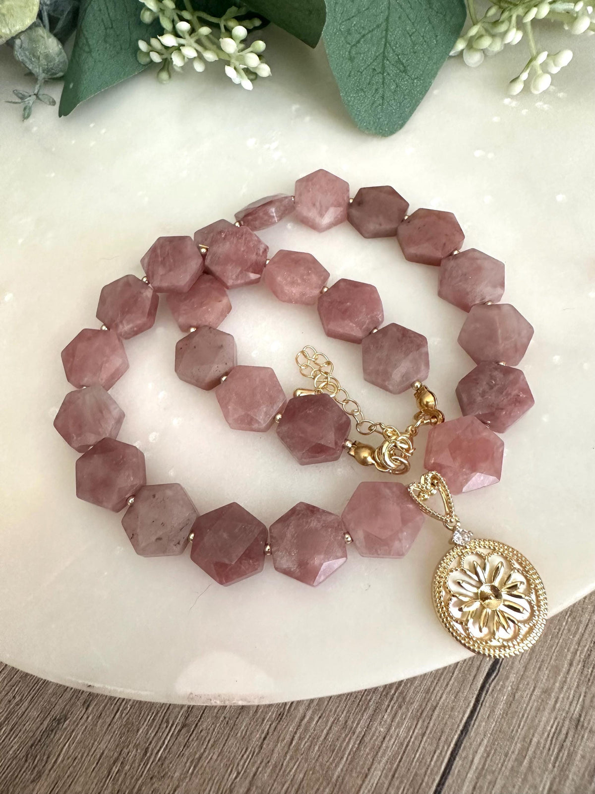 Strawberry Jade Beaded Necklace with Filigree Pendant -Gift-Wedding-Bridesmaid
