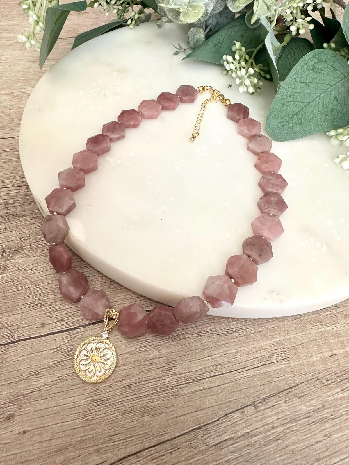 Strawberry Jade Beaded Necklace with Filigree Pendant -Gift-Wedding-Bridesmaid
