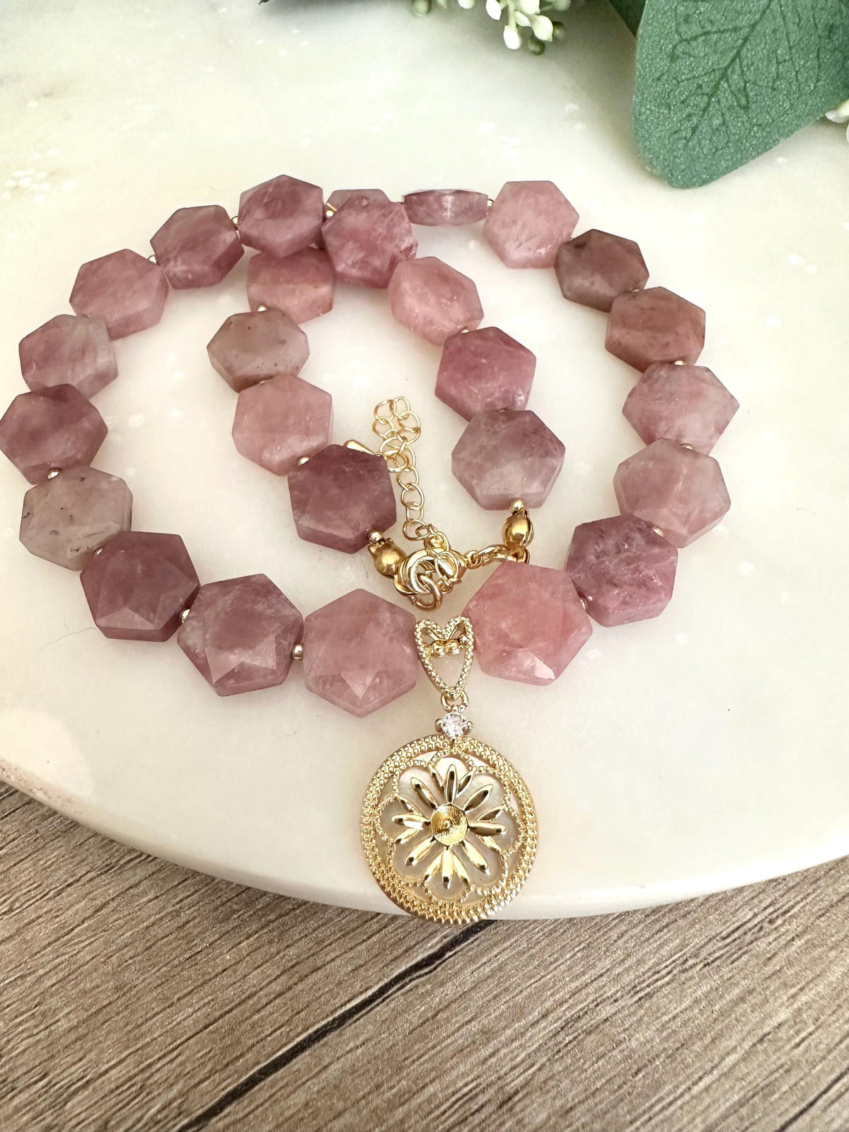Strawberry Jade Beaded Necklace with Filigree Pendant -Gift-Wedding-Bridesmaid