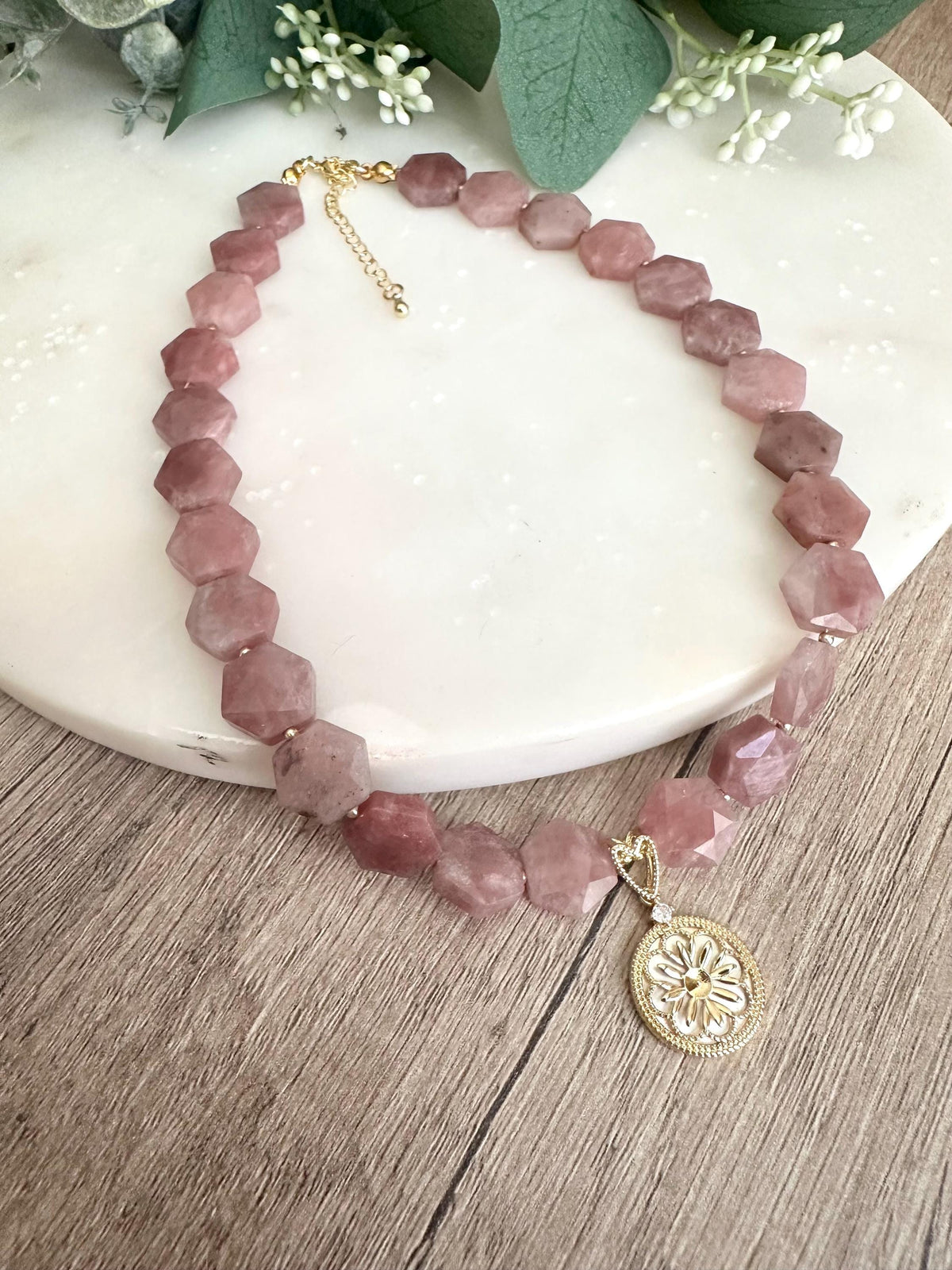 Strawberry Jade Beaded Necklace with Filigree Pendant -Gift-Wedding-Bridesmaid