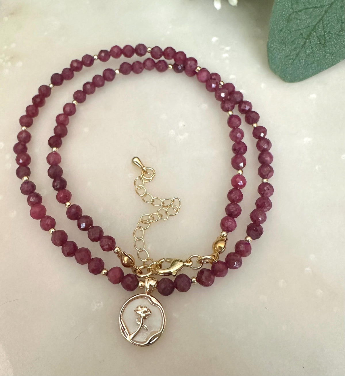 Natural Ruby Beaded Necklace with Rose Pendant -Gift-Wedding-Bridesmaid