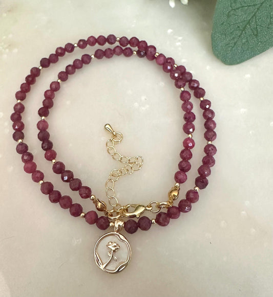 Natural Ruby Beaded Necklace with Rose Pendant -Gift-Wedding-Bridesmaid