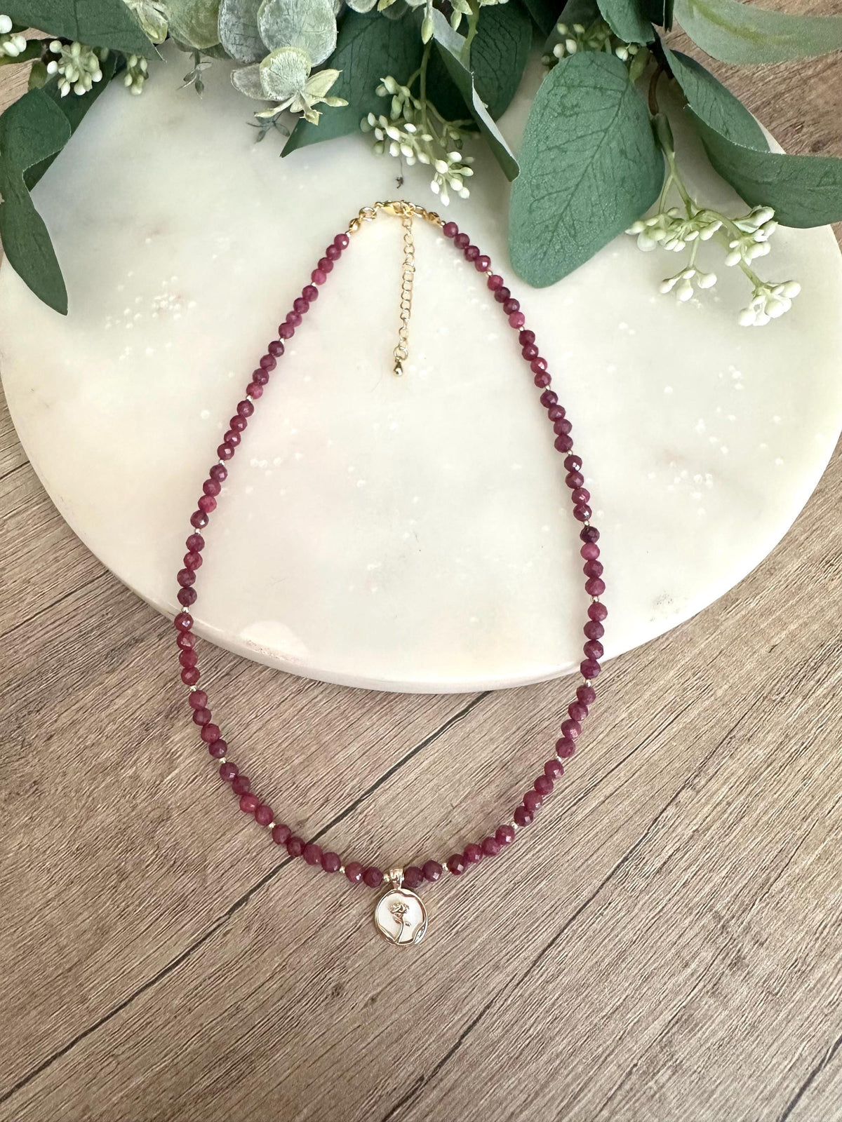 Natural Ruby Beaded Necklace with Rose Pendant -Gift-Wedding-Bridesmaid