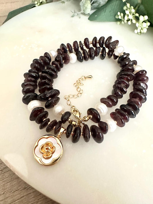 Garnet and Freshwater Peals Beaded Necklace with Rose Pendant -Gift-Wedding-Bridesmaid