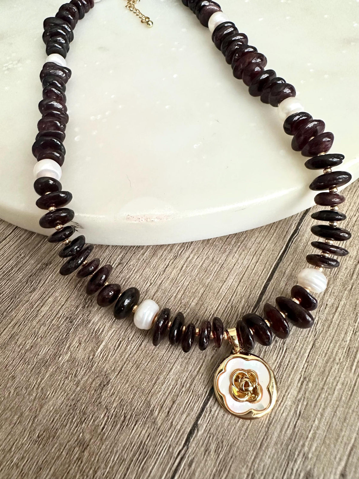 Garnet and Freshwater Peals Beaded Necklace with Rose Pendant -Gift-Wedding-Bridesmaid