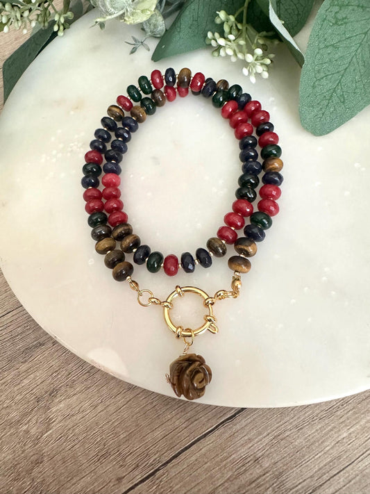 Autumn Tiger Eye with Jewel Toned Jade Beaded Carved Rose Pendant Necklace