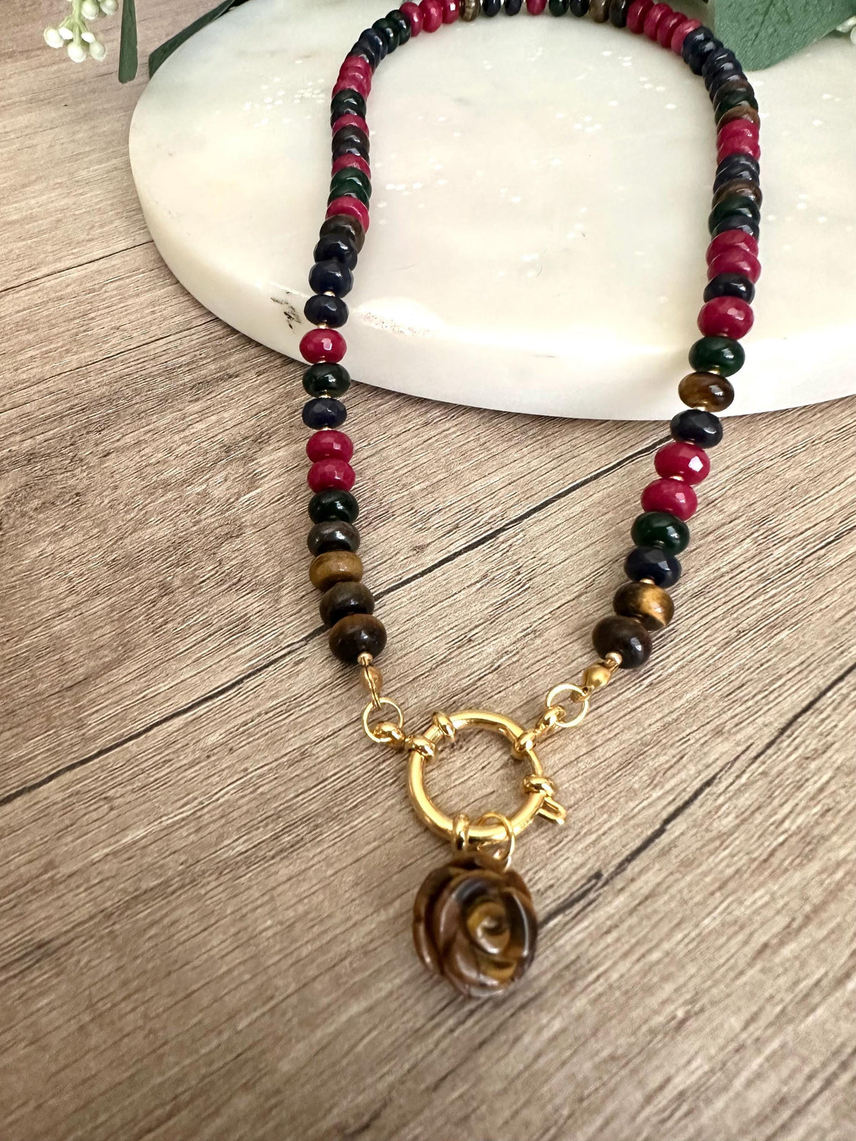 Autumn Tiger Eye with Jewel Toned Jade Beaded Carved Rose Pendant Necklace
