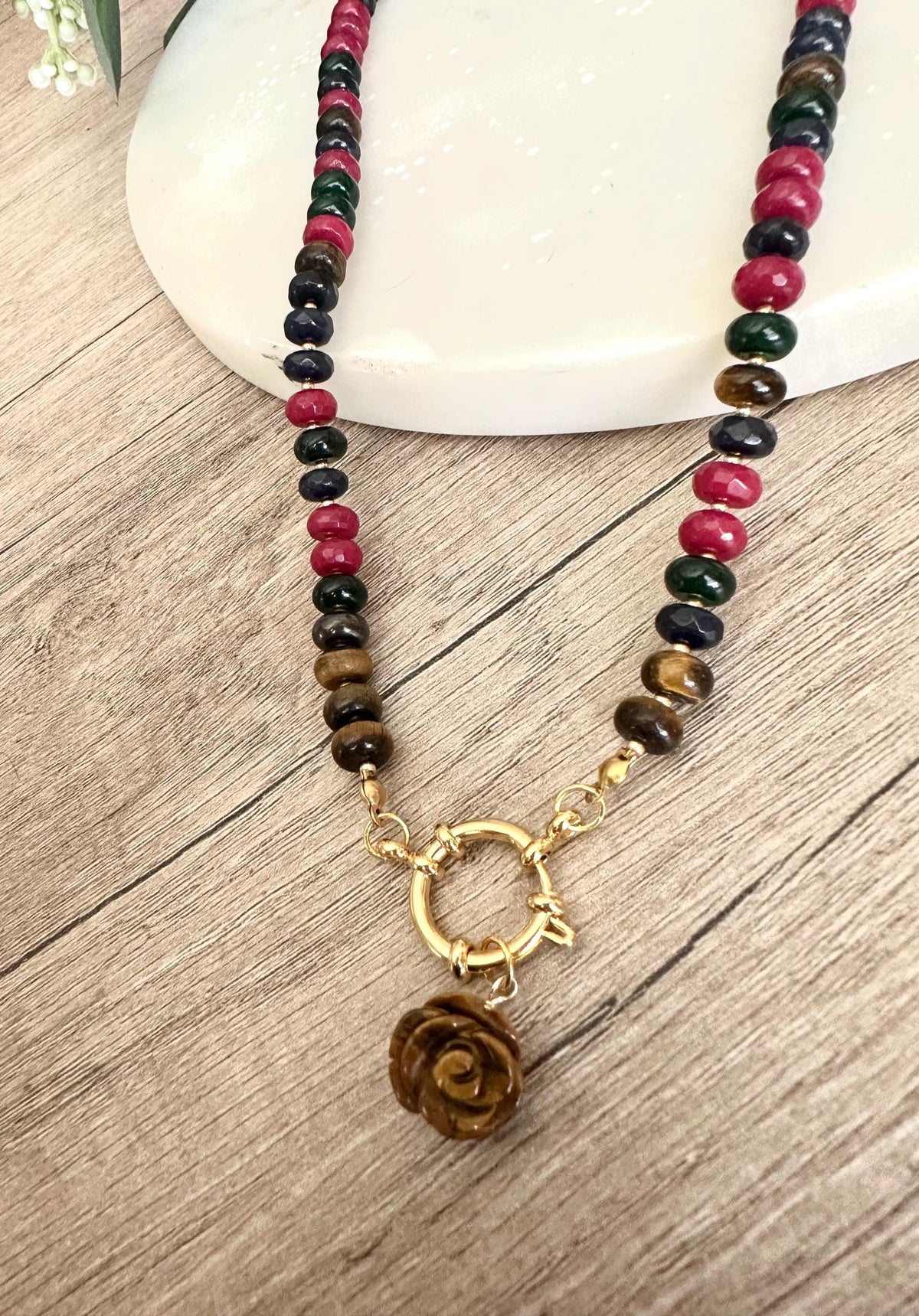 Autumn Tiger Eye with Jewel Toned Jade Beaded Carved Rose Pendant Necklace