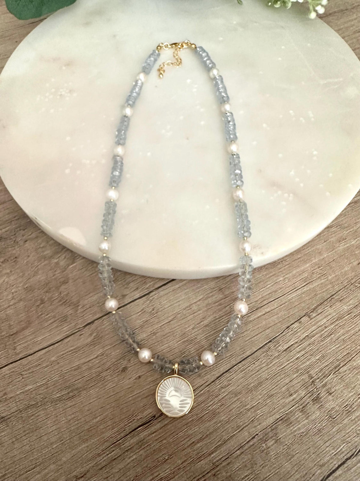 Blue Quartz Freshwater Pearl Beaded Necklace with a Sunset Mother of Pearl Pendant Necklaces -Gift-Wedding-Bridesmaid