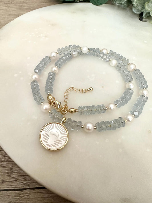 Blue Quartz Freshwater Pearl Beaded Necklace with a Sunset Mother of Pearl Pendant Necklaces -Gift-Wedding-Bridesmaid
