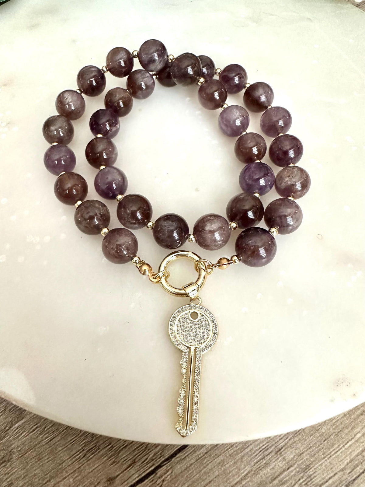 Auralite 23 Cacoxenite Dark Purple Beaded Necklace with a Key Pendant-Gift for Her-Wedding-Bridesmaid