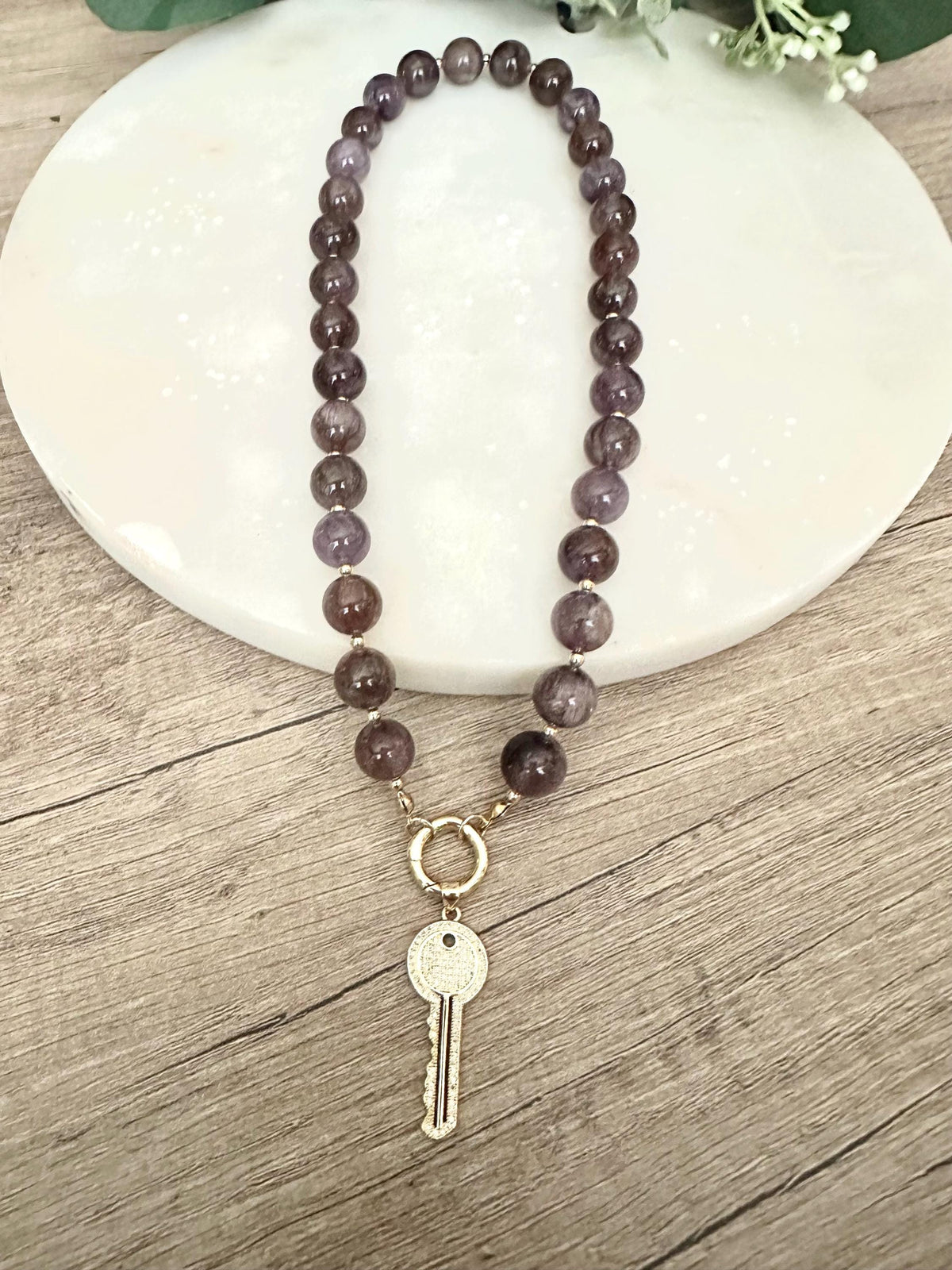 Auralite 23 Cacoxenite Dark Purple Beaded Necklace with a Key Pendant-Gift for Her-Wedding-Bridesmaid