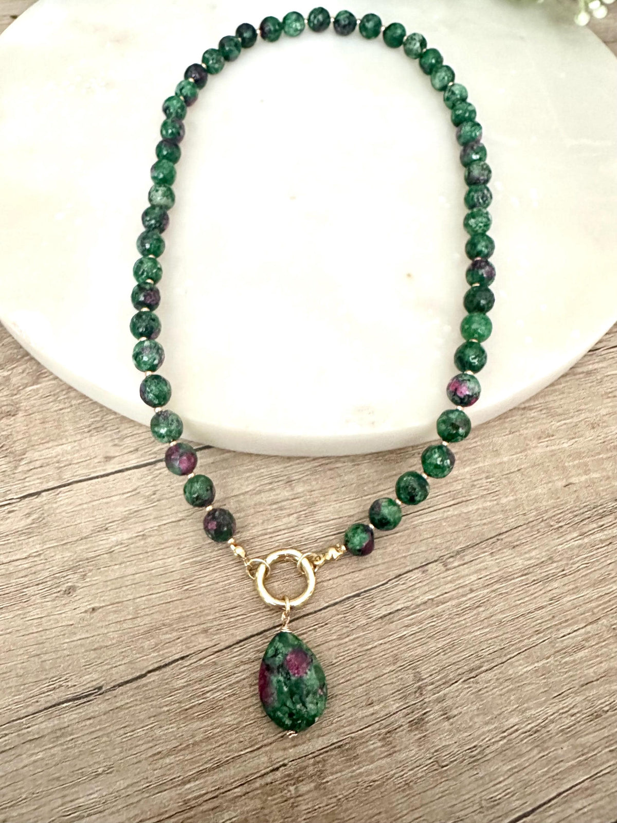 Ruby Zoisite Beaded Necklace with a Teardrop Pendant-Gift for Her-Wedding-Bridesmaid
