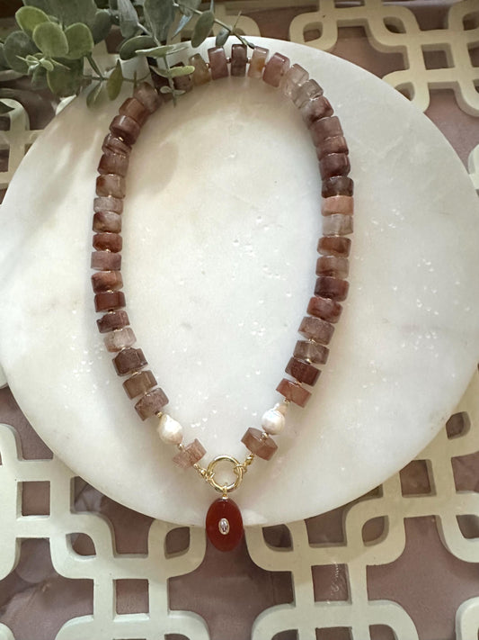 Red Rutilated Quartz Beaded Necklace Carnelian Pendant Chunky Necklaces -Gift-Wedding-Bridesmaid