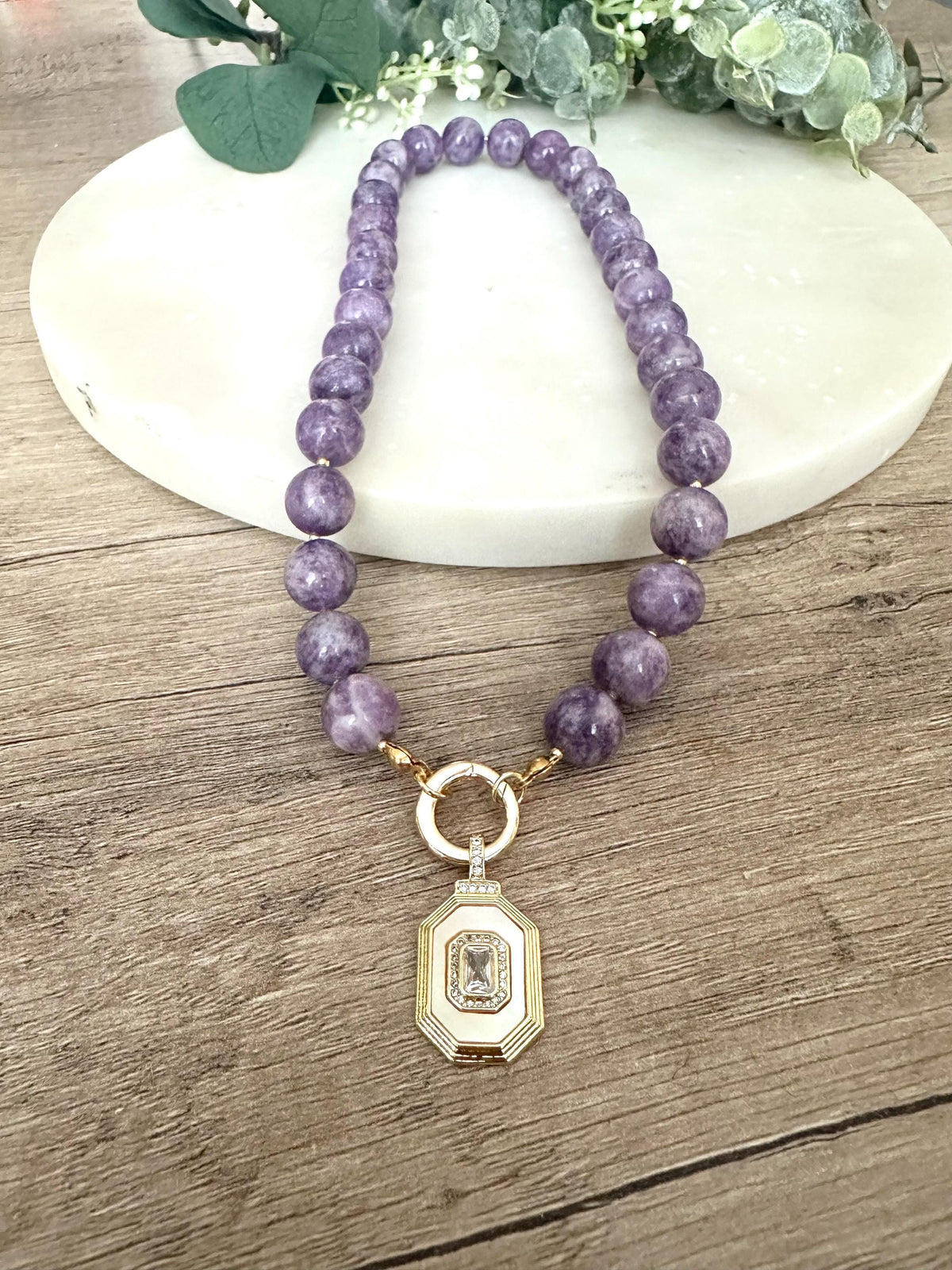 Purple Lepidolite Beaded Necklace with a Nother of Pearl Cz Pendant-Gift for Her-Wedding-Bridesmaid