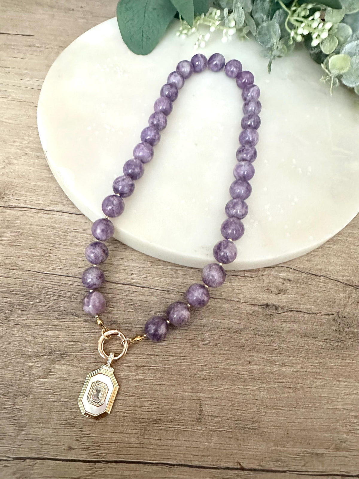 Purple Lepidolite Beaded Necklace with a Nother of Pearl Cz Pendant-Gift for Her-Wedding-Bridesmaid