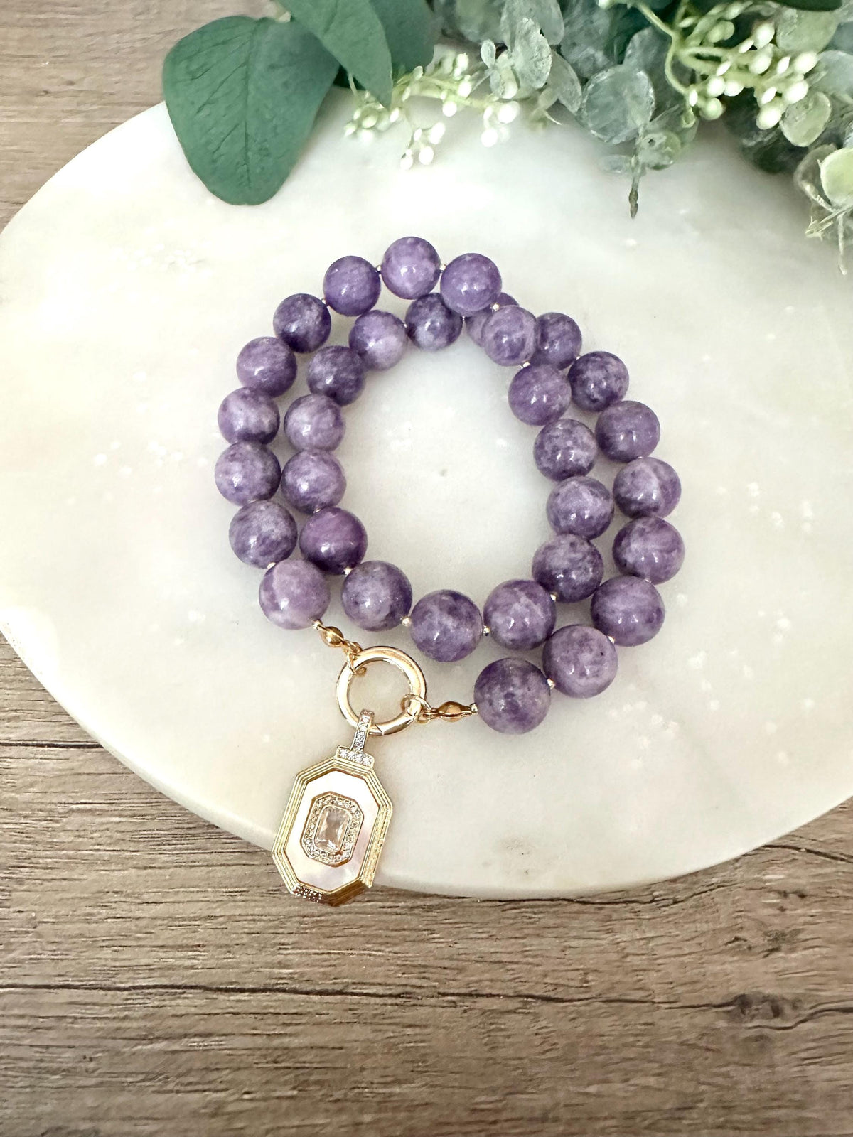 Purple Lepidolite Beaded Necklace with a Nother of Pearl Cz Pendant-Gift for Her-Wedding-Bridesmaid