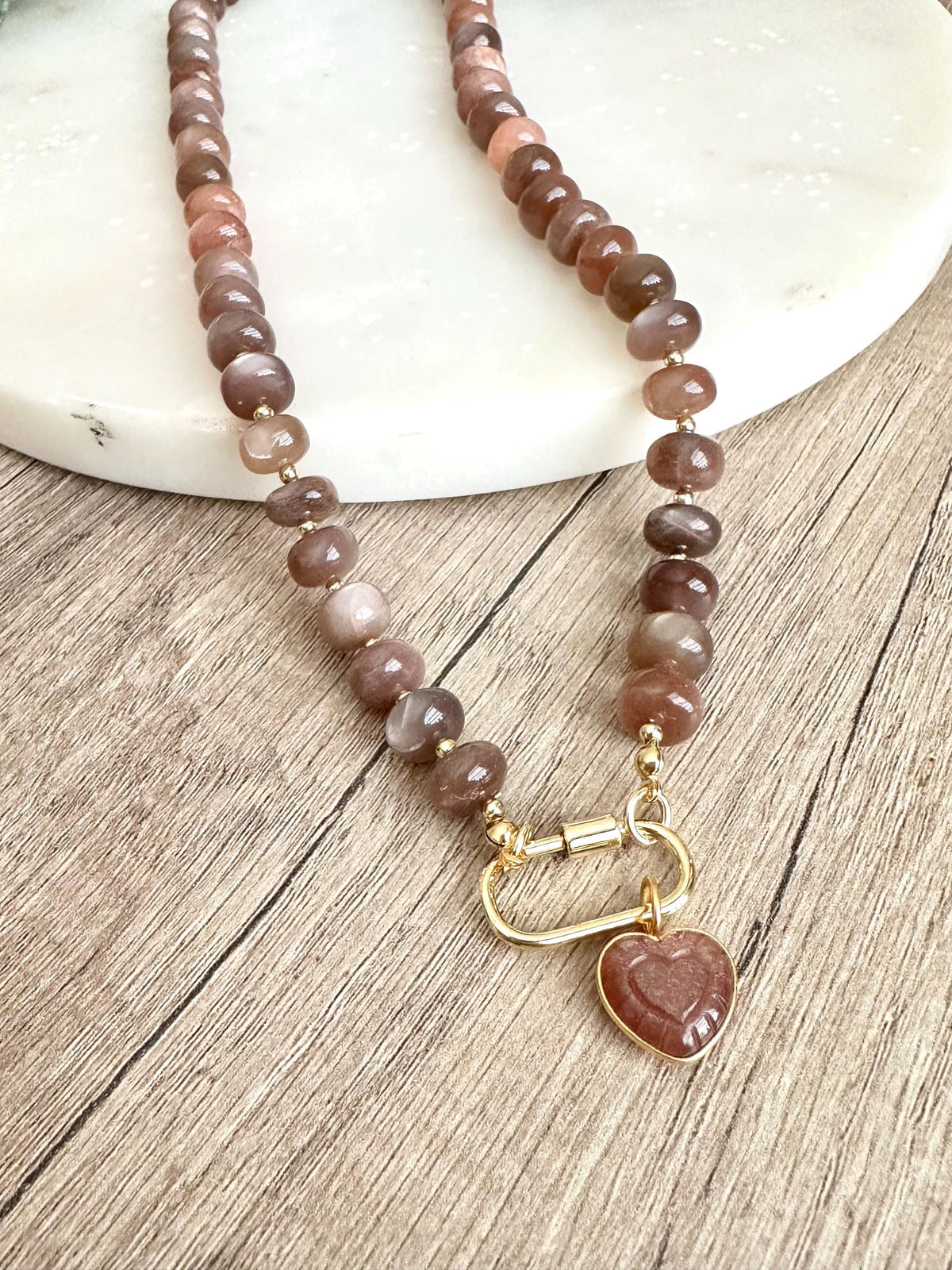 Chocolate Moonstone Beaded Necklace Heart Pendant Chunky Necklaces -Gift-Wedding-Bridesmaid