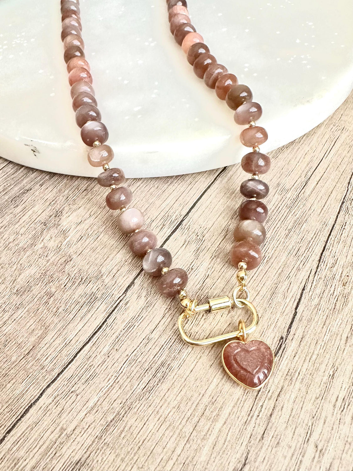 Chocolate Moonstone Beaded Necklace Heart Pendant Chunky Necklaces -Gift-Wedding-Bridesmaid