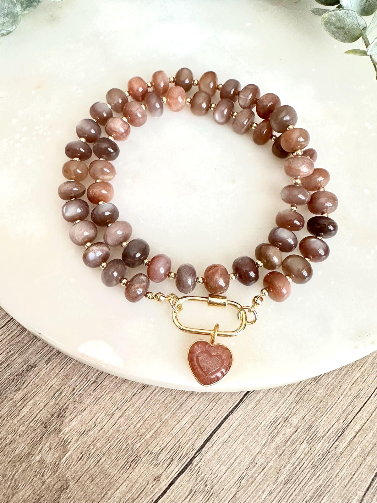 Chocolate Moonstone Beaded Necklace Heart Pendant Chunky Necklaces -Gift-Wedding-Bridesmaid