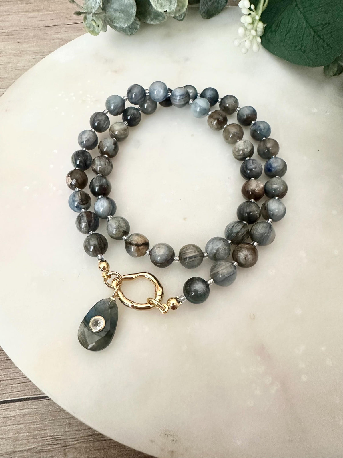 Blue Brown Apatite Beaded Necklace Labradorite Pendant -Gift-Wedding-Bridesmaid
